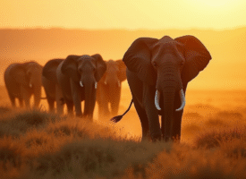 Groupe d'elephants marchant au lever du soleil sur la savane africaine