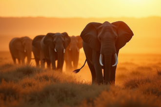 Groupe d'elephants marchant au lever du soleil sur la savane africaine