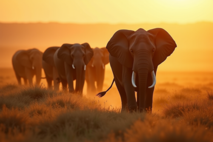 Groupe d'elephants marchant au lever du soleil sur la savane africaine