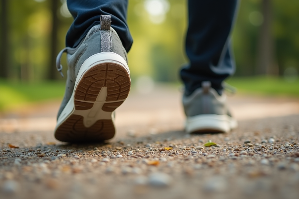 Gros plan sur des chaussures laissant des empreintes dans le gravier