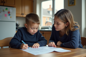 Garçon de 7 ans avec sa mère regardant des factures à la cuisine