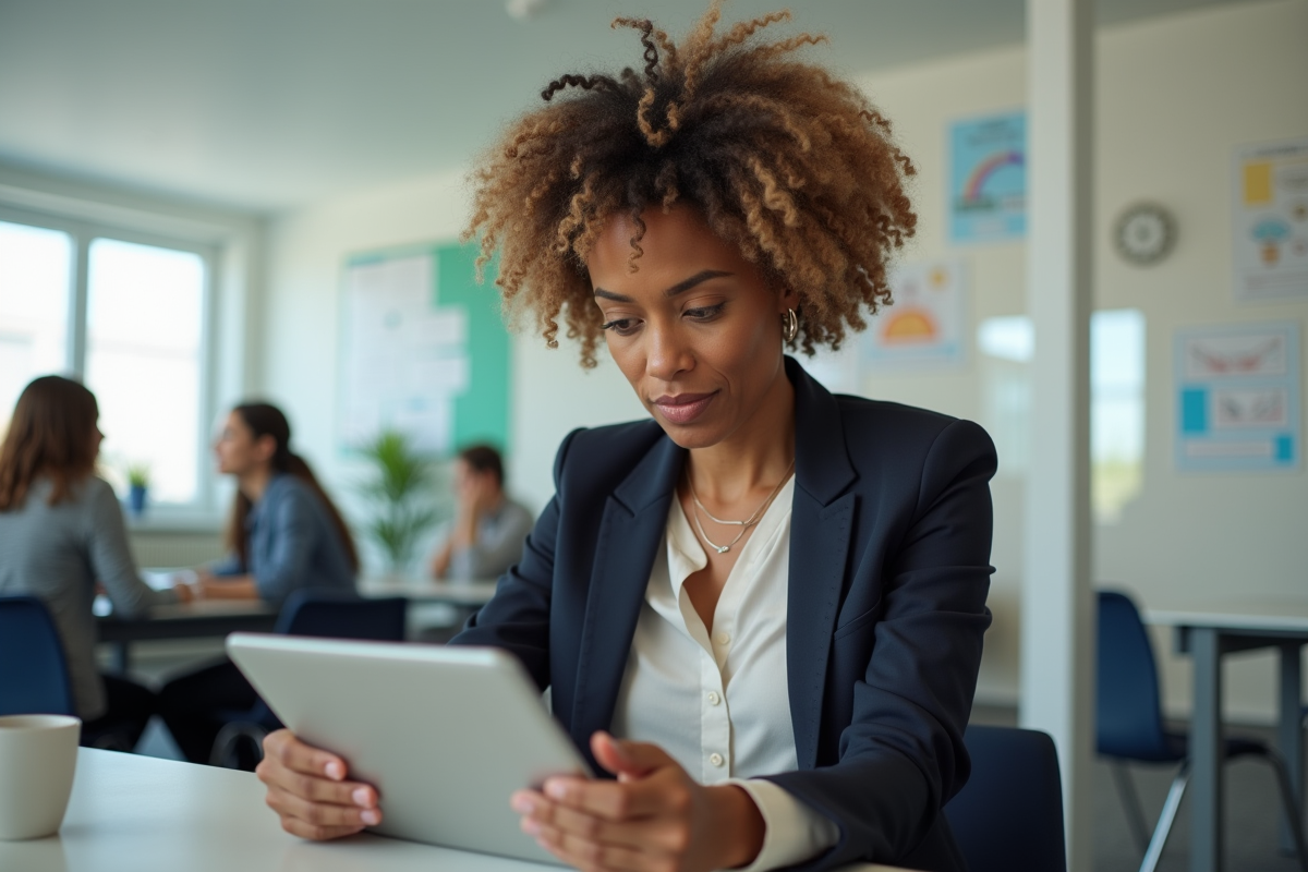 Professeure discutant avec une tablette en salle des enseignants