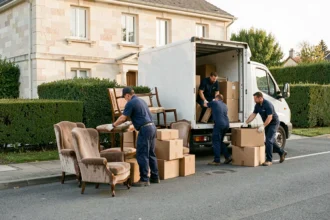Équipe de débarras professionnelle en Essonne chargeant des meubles et cartons depuis une maison pavillonnaire