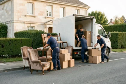 Équipe de débarras professionnelle en Essonne chargeant des meubles et cartons depuis une maison pavillonnaire