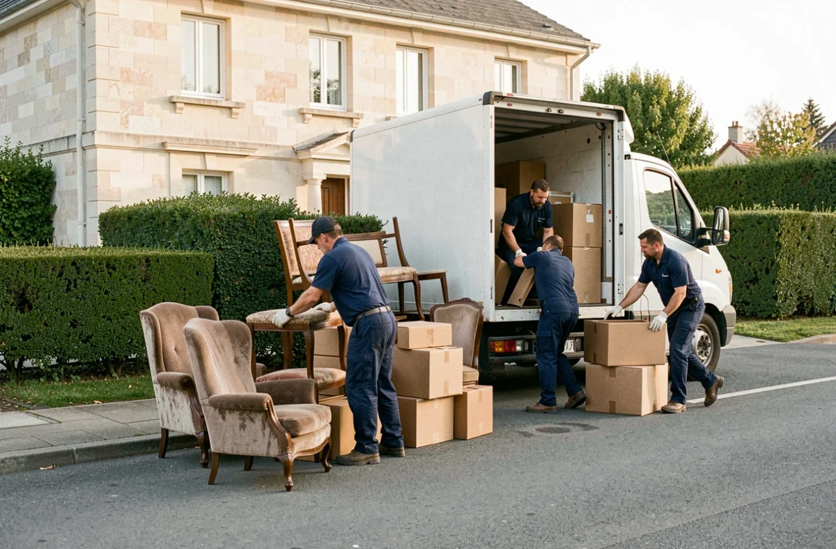 Équipe de débarras professionnelle en Essonne chargeant des meubles et cartons depuis une maison pavillonnaire