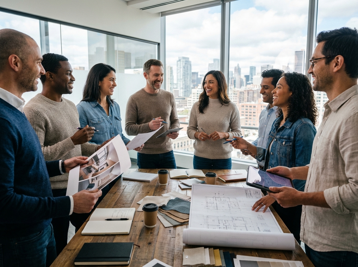 Groupe de professionnels en discussion dans un espace de travail ouvert