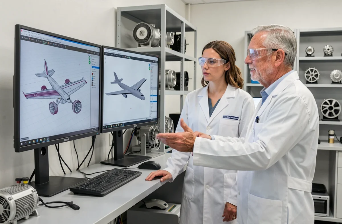 Équipe d'ingénieurs aéronautiques analysant des schémas de propulsion électrique pour avions dans un laboratoire de recherche