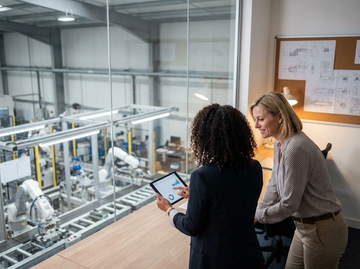 Deux ingénieures analysant une tablette dans un environnement industriel