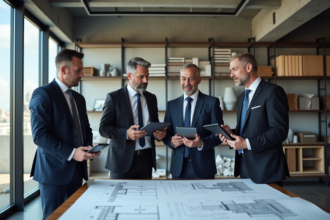 Groupe de professionnels en réunion autour de plans et tablettes