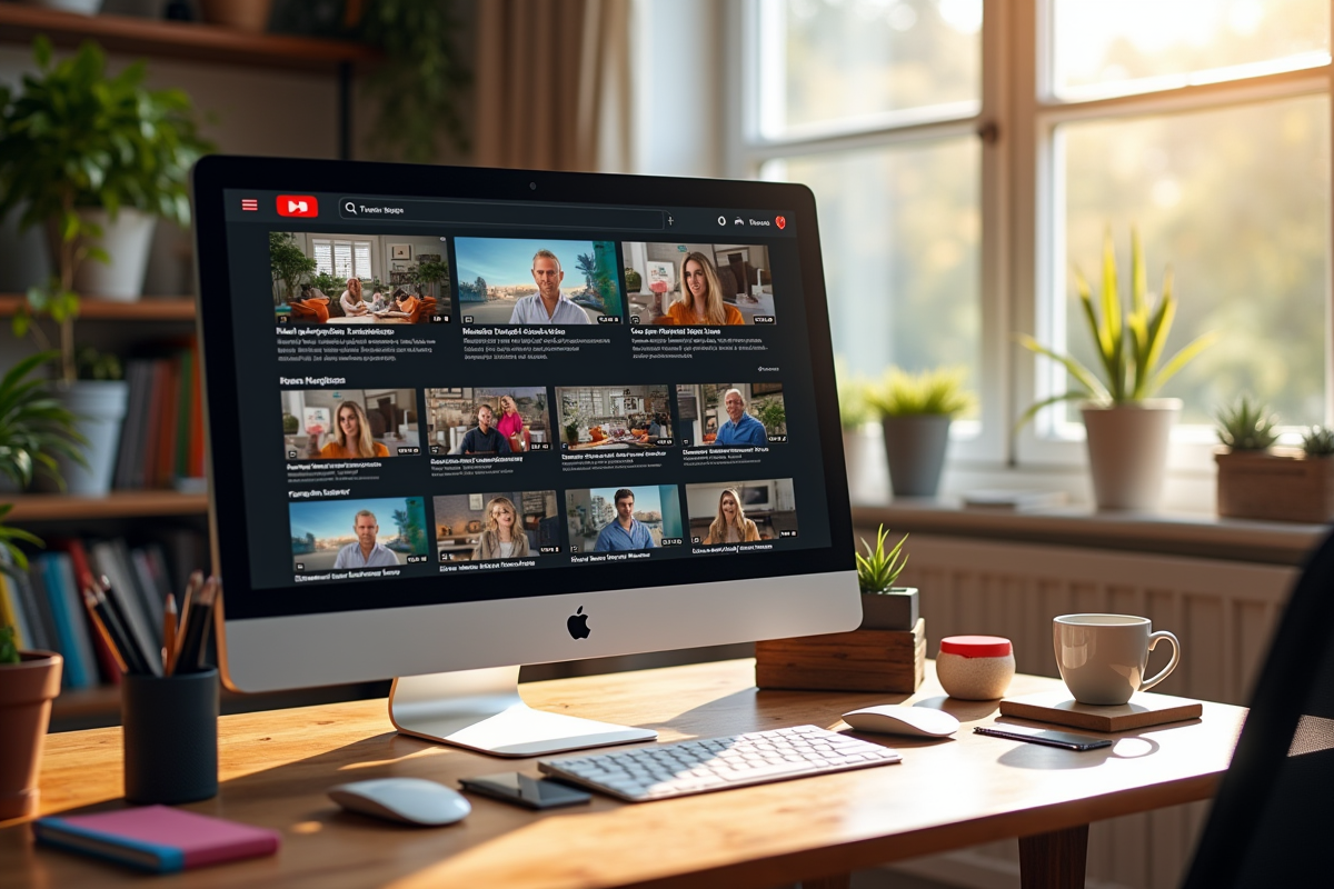 Espace de travail créatif avec écrans YouTube en français