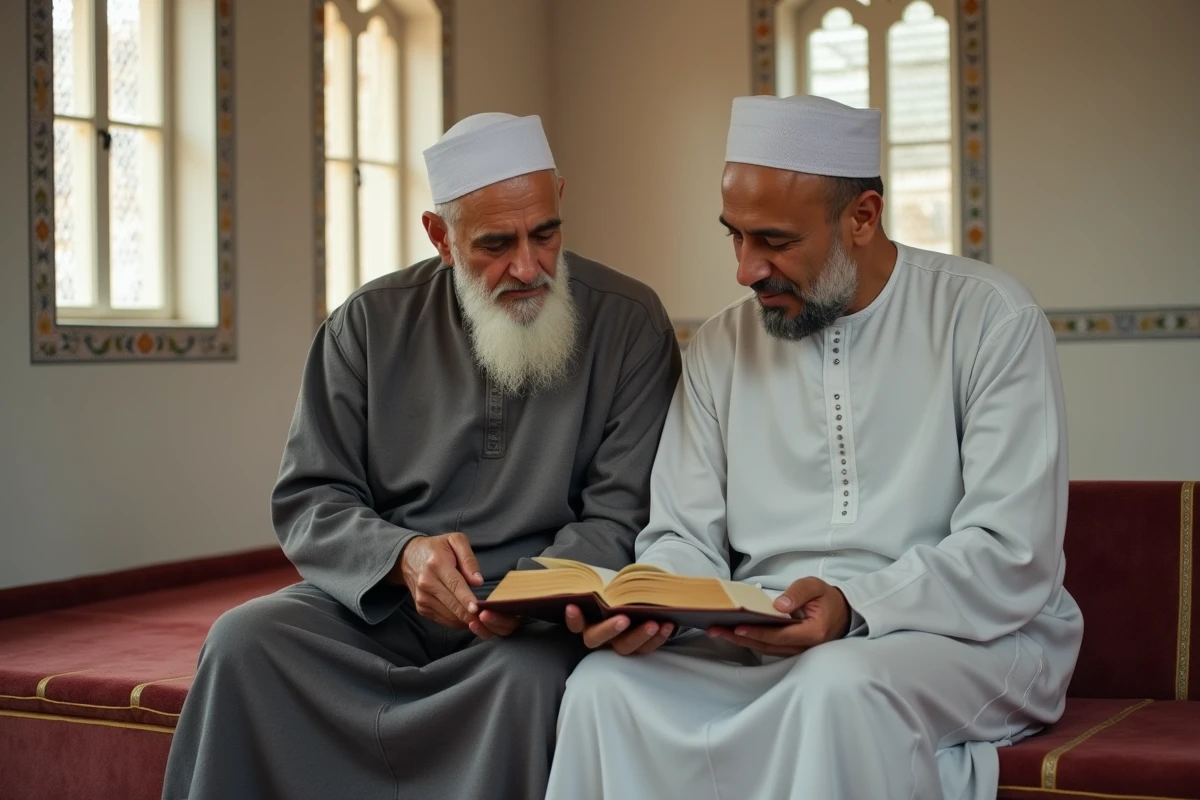 Deux hommes étudiant le Coran ensemble dans une mosquée, discussion autour des versets des deux derniers versets Baqara et Ayat al-Kursi