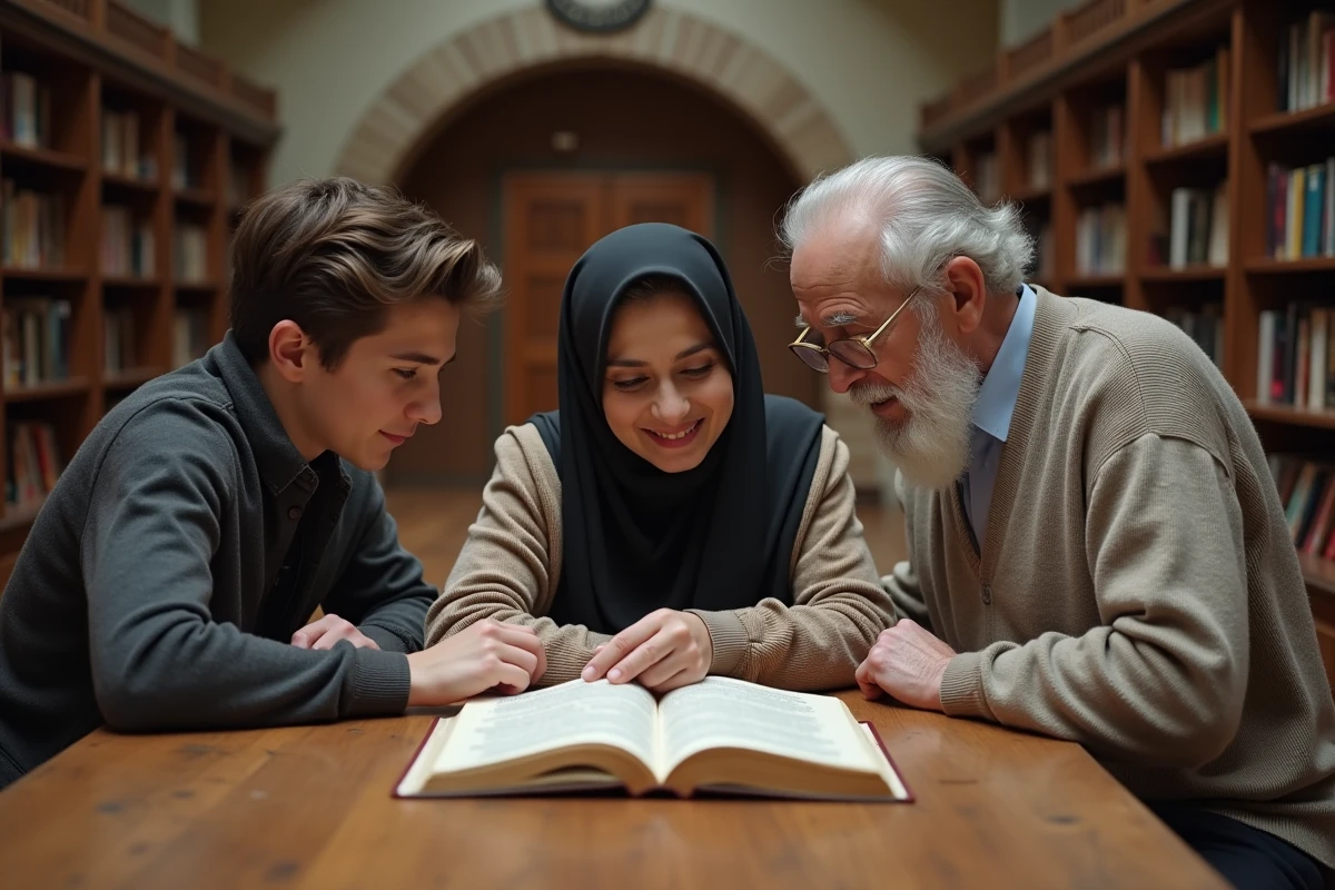 Groupe intergénérationnel étudiant ensemble un livre sacré dans une bibliothèque communautaire, représentant le dialogue entre générations autour des textes religieux et de leur place dans la société moderne