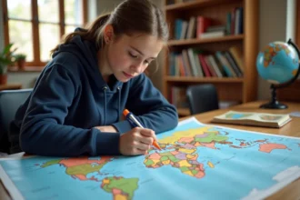 Adolescente étudiant une carte du monde étalée sur un bureau en bois, entourée de livres de géographie, pour préparer un exposé sur la superficie des pays
