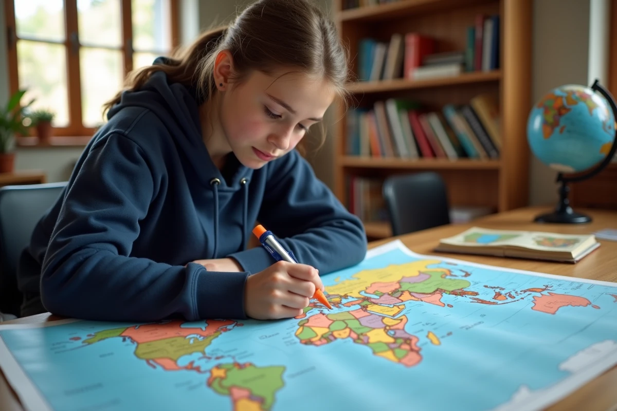 Adolescente étudiant une carte du monde étalée sur un bureau en bois, entourée de livres de géographie, pour préparer un exposé sur la superficie des pays