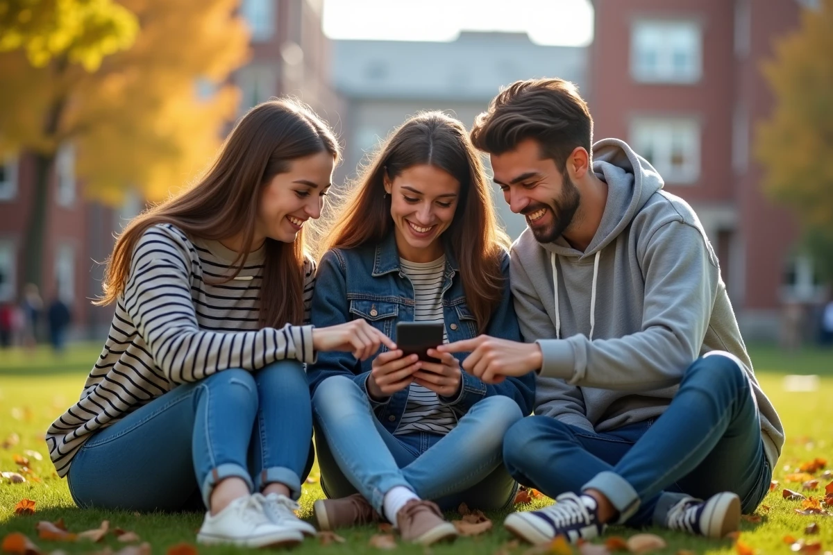 Groupe d'étudiants jouant ensemble au quiz Google de la journée de la Terre sur un campus universitaire