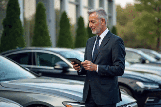 Homme d'affaires en costume près de voitures de luxe