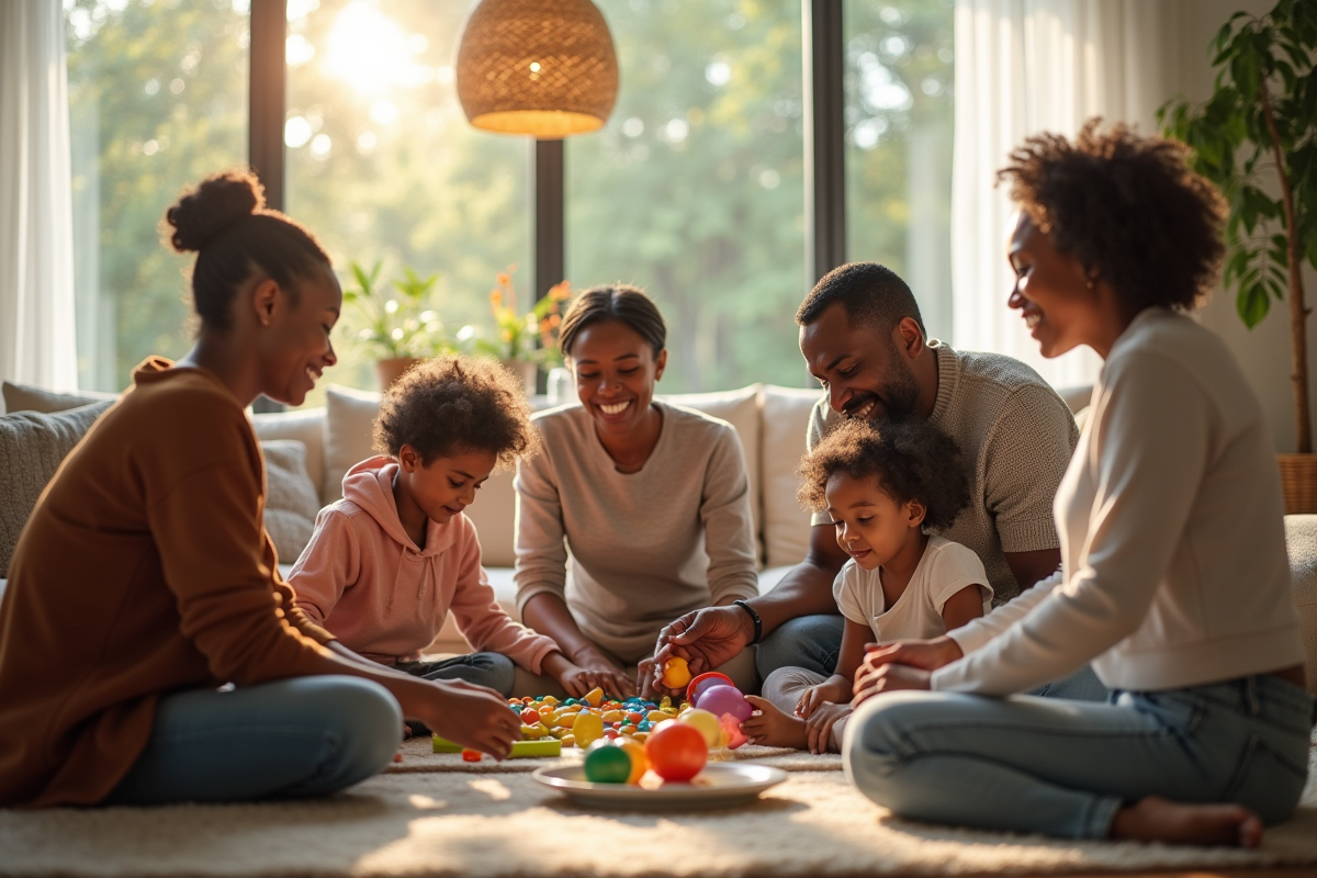 Famille africaine réunie dans un salon lumineux