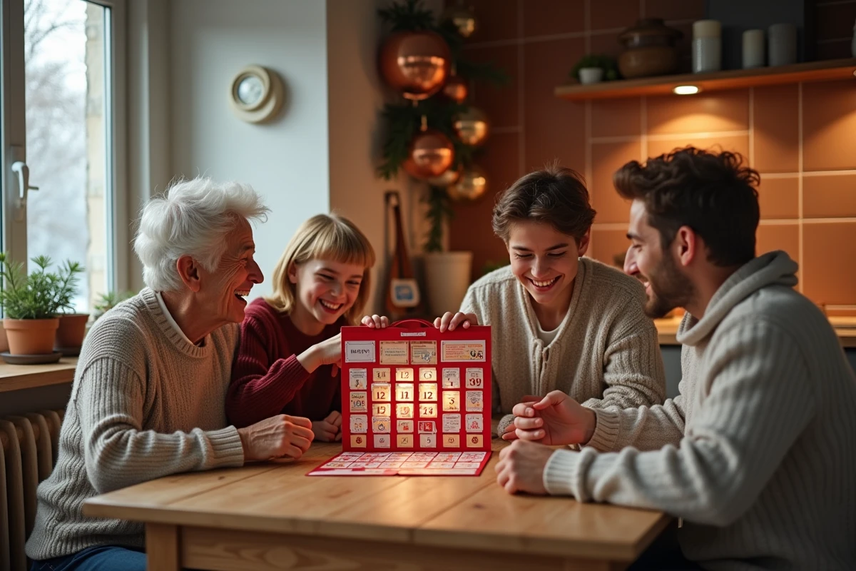 Famille réunie autour d'un calendrier de l'avent FDJ 2026 dans une cuisine chaleureuse, ouvrant les cases ensemble avec enthousiasme