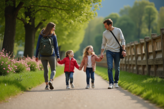 Jeune famille dans un parc européen verdoyant