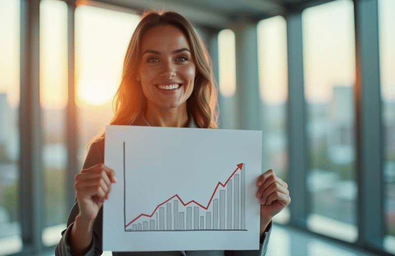 Femme d'affaires confiante avec graphique de baisse des taux
