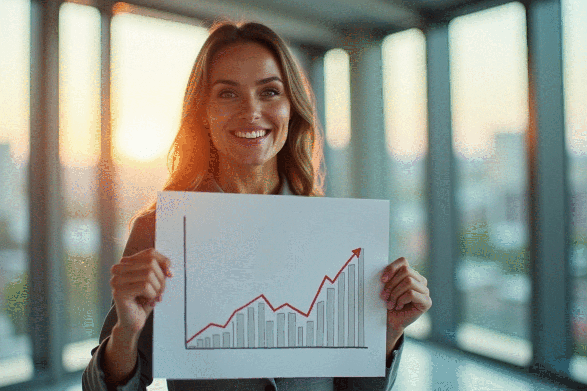 Femme d'affaires confiante avec graphique de baisse des taux