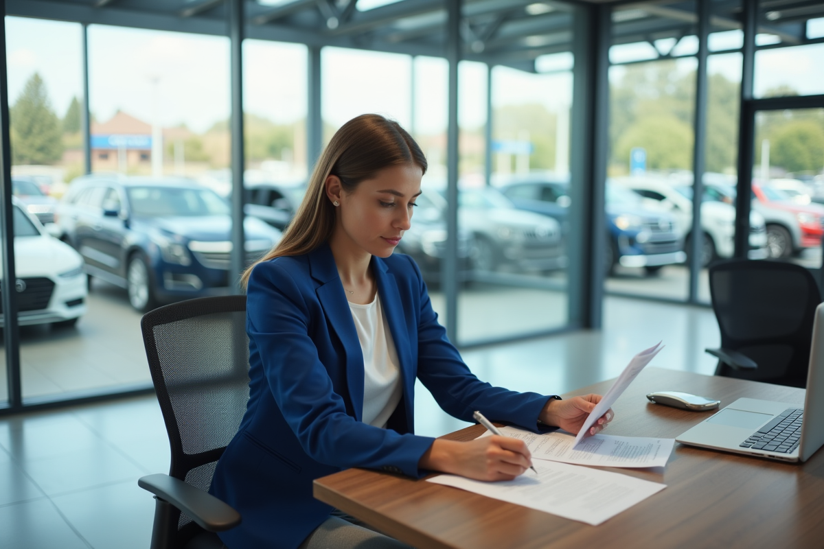 Femme attentive examinant des documents dans un bureau