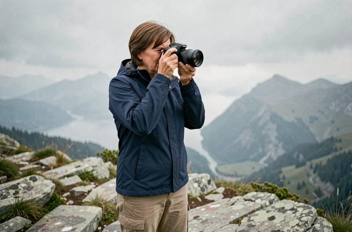 Femme photographiant un paysage montagneux lointain avec un appareil photo compact à grand zoom tenu à main levée