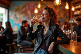 Femme souriante dans un bar à Strasbourg avec murales colorées