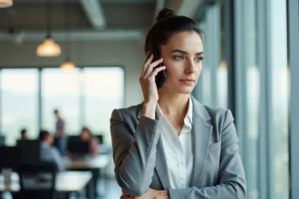 Femme en bureau téléphonant vers la Suisse avec l'indicatif pays 41 depuis son smartphone