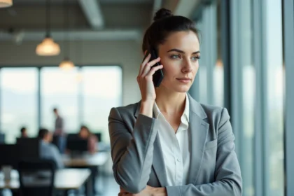 Femme en bureau téléphonant vers la Suisse avec l'indicatif pays 41 depuis son smartphone