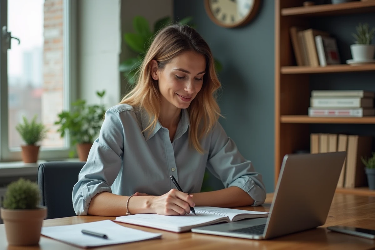 Femme en bureau moderne organisant son temps de travail