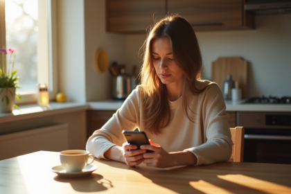 Jeune femme calme au matin avec cafe et smartphone