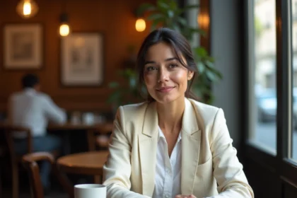 Femme élégante dans un café parisien, regard pensif, illustrant le respect de la vie privée des personnalités publiques