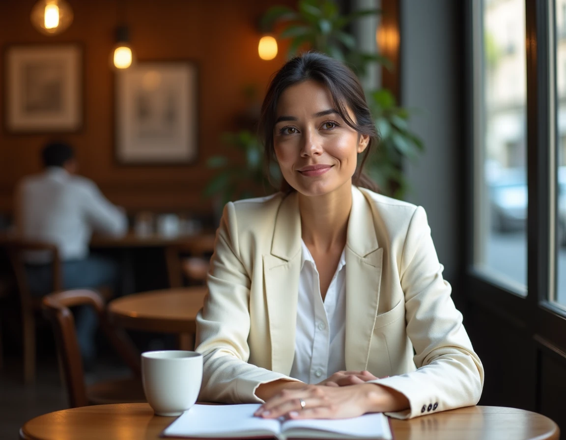 Femme élégante dans un café parisien, regard pensif, illustrant le respect de la vie privée des personnalités publiques