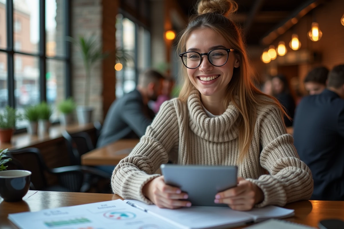 Jeune femme concentrée analysant une stratégie dans un café animé