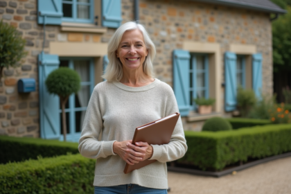 Femme d'âge moyen devant maison de campagne française souriante