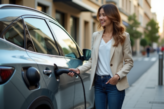 Jeune femme charge une voiture hybride en ville