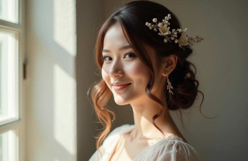 Femme souriante avec coiffure romantique florale et peau lumineuse