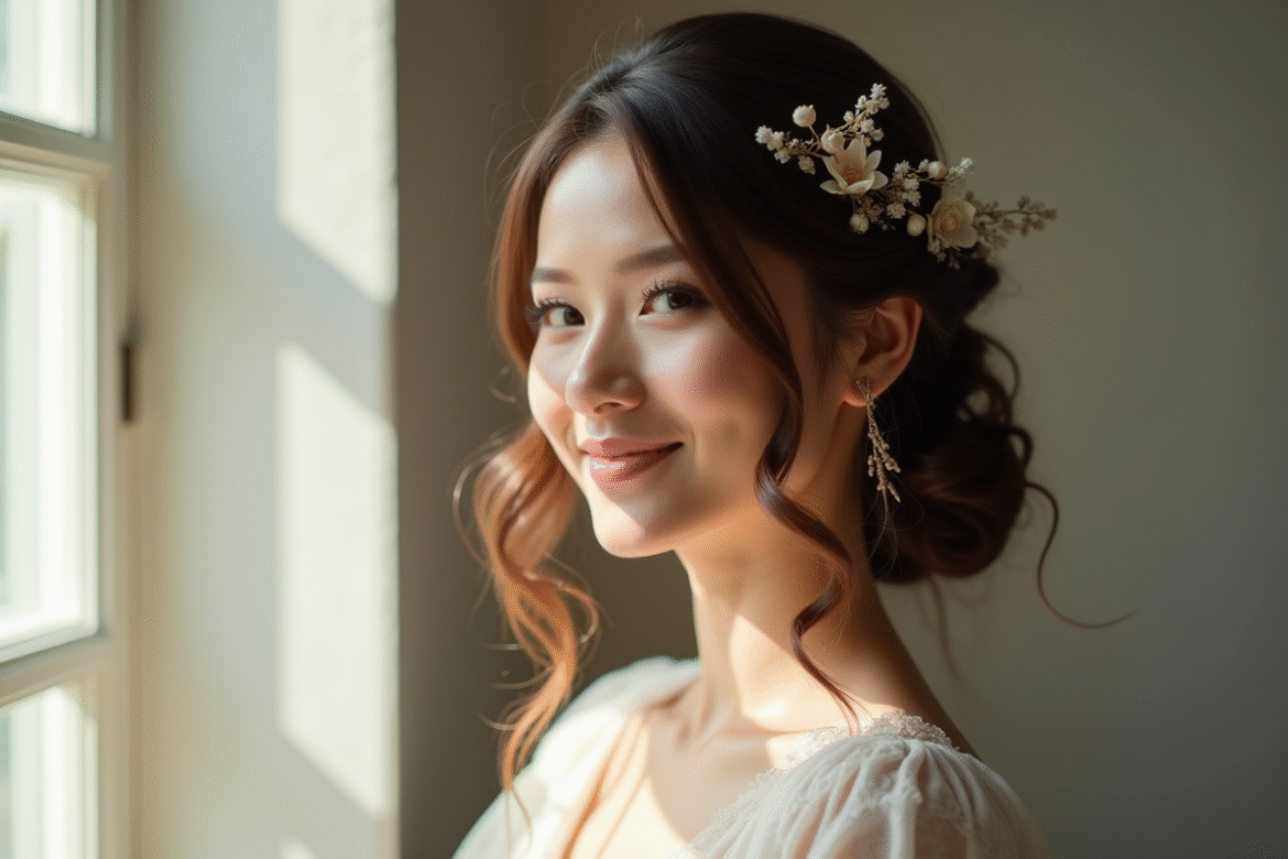 Femme souriante avec coiffure romantique florale et peau lumineuse
