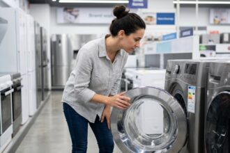 Femme comparant des machines à laver dans un magasin électroménager en lisant l'étiquette énergie