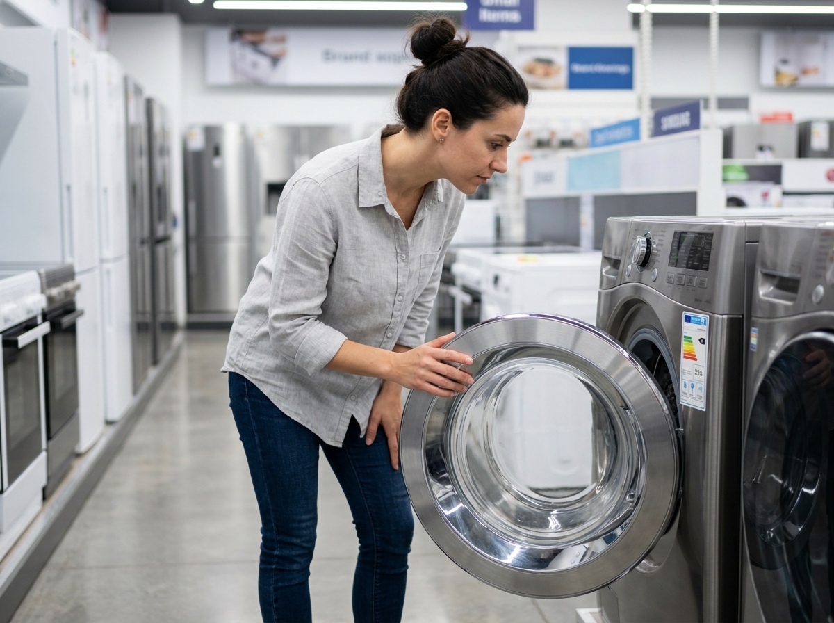 Femme comparant des machines à laver dans un magasin électroménager en lisant l'étiquette énergie