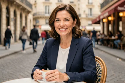 Femme de 40 ans confiante et séduisante attablée en terrasse de café parisien, souriant avec assurance dans une tenue élégante