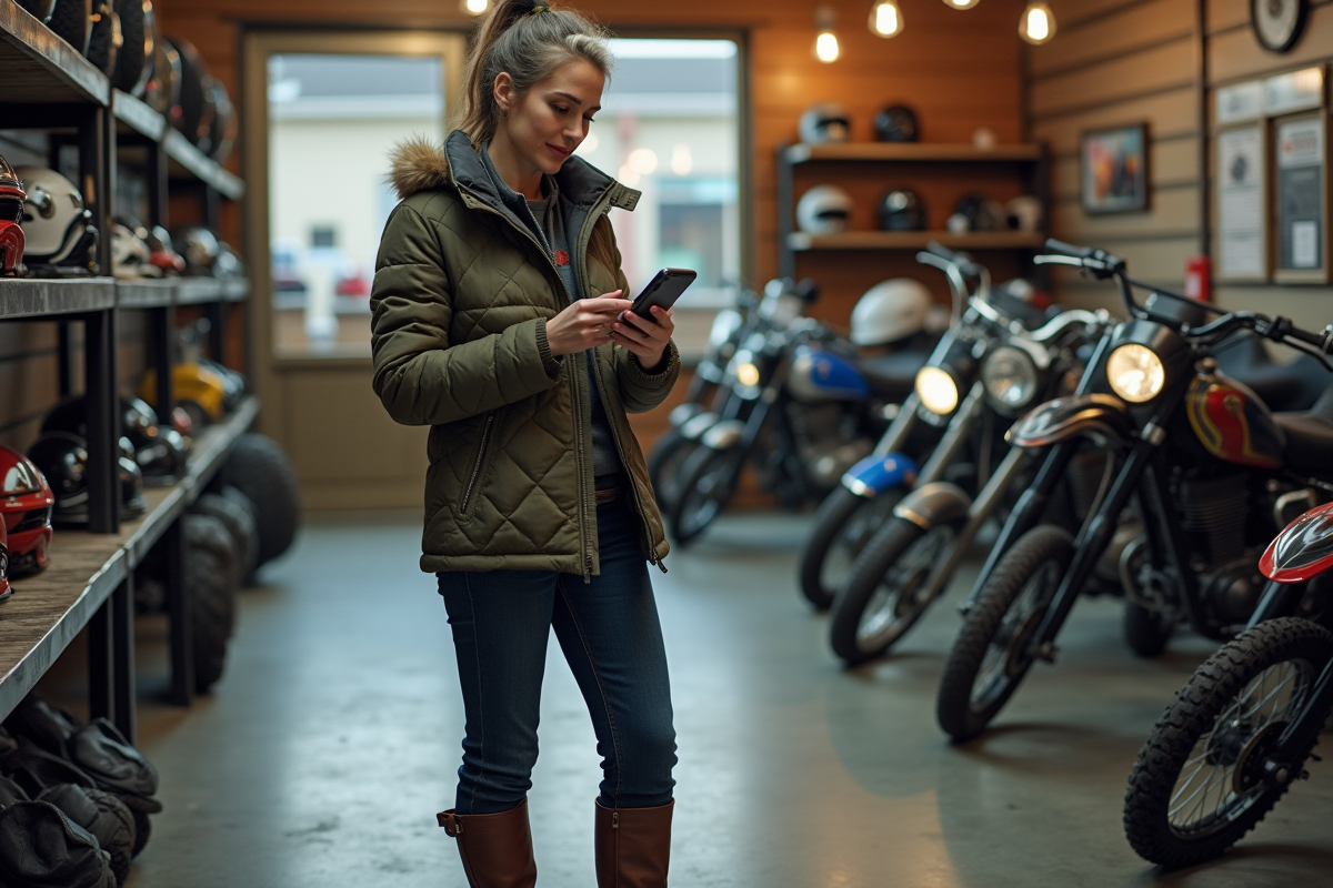 Femme vérifiant une annonce sur smartphone dans un magasin de motos