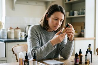 Femme examine une étiquette d'e-liquide dans sa cuisine