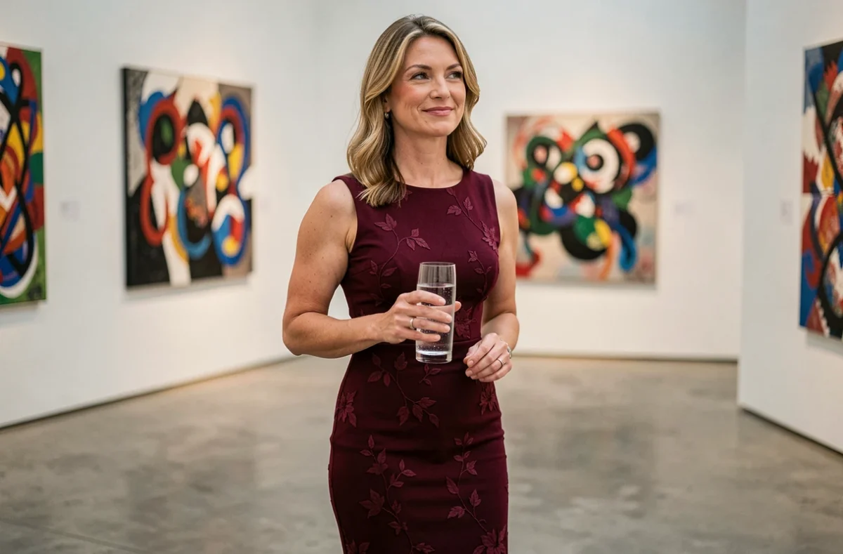 Femme élégante de 40 ans dans une galerie d'art moderne tenant un verre, dégageant confiance et séduction avec un sourire naturel