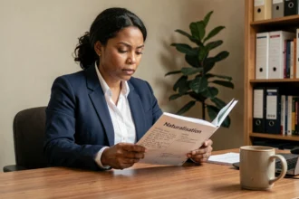 Femme étudiant un livret de naturalisation à son bureau avec des notes manuscrites pour préparer le quiz de citoyenneté française 2026