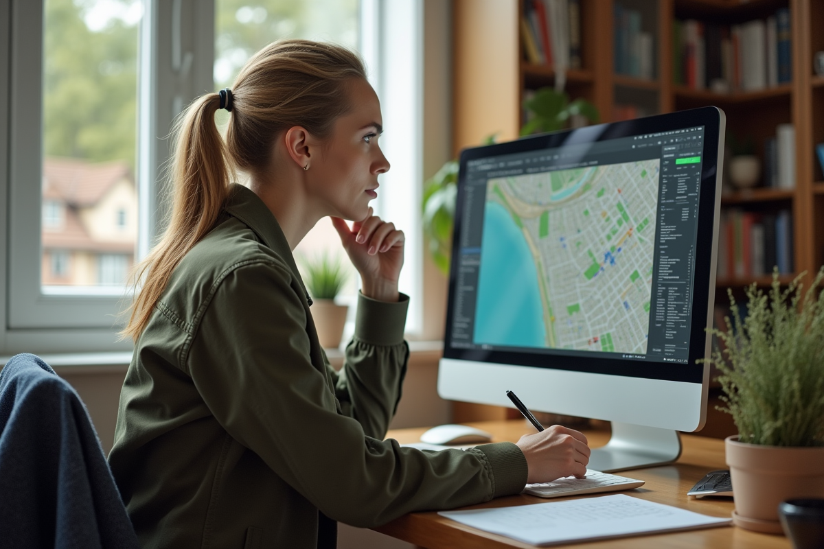 Femme étudie un plan de zonage sur son ordinateur