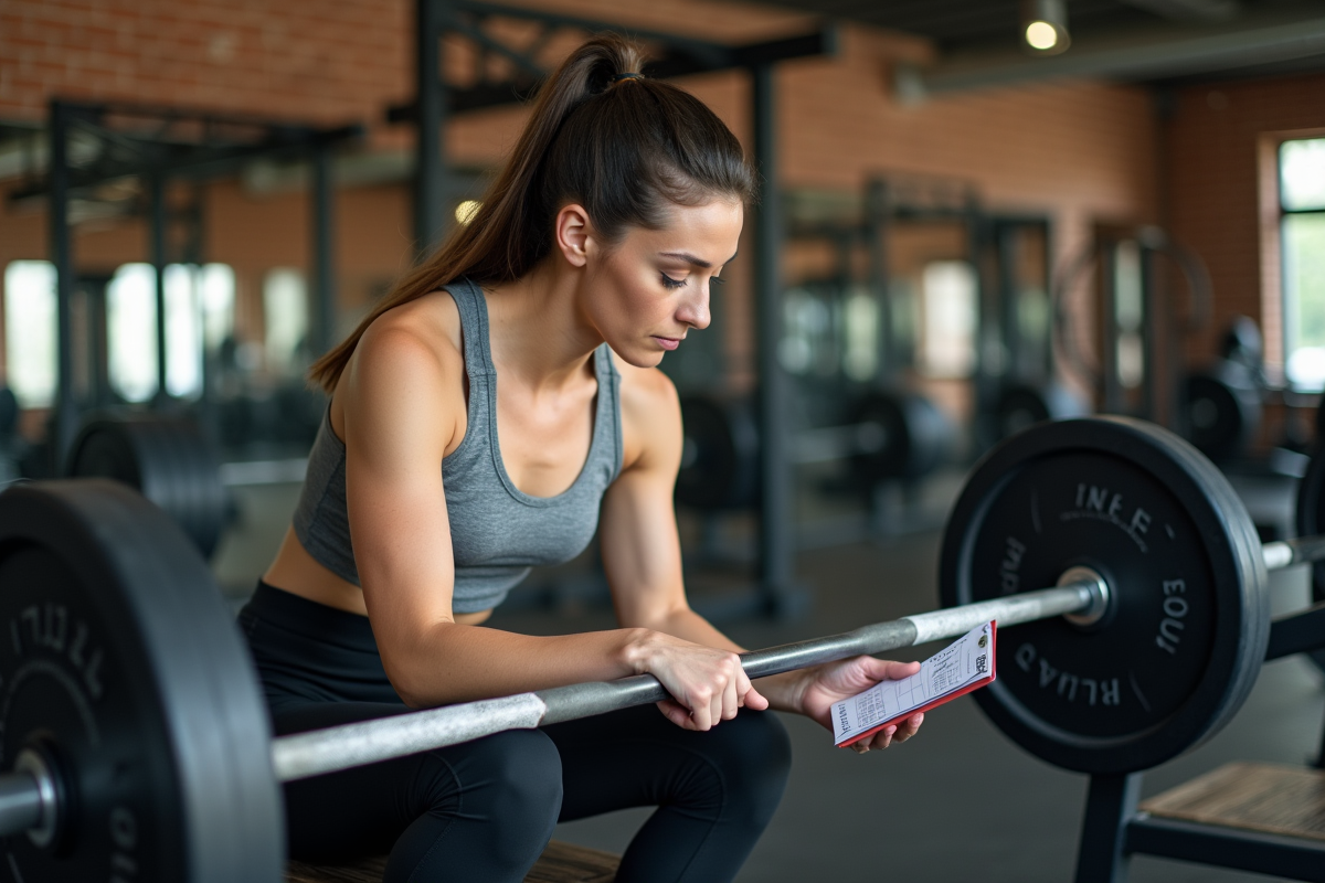 Femme vérifiant un barbell dans une salle de gym spacieuse