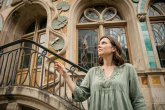 Femme en robe verte brodée devant une façade Art Nouveau à Bruxelles avec ferronnerie et carreaux céramiques ornementaux