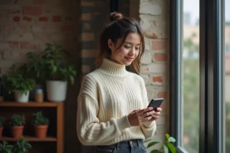 Femme regardant son téléphone affichant 11h01, interprétant l'heure miroir dans un appartement cosy